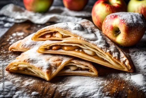 A close-up of a flaky and golden-brown apple turnover dusted with powdered sugar photo