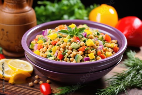 a bowl of chickpea salad near colorful vegetables