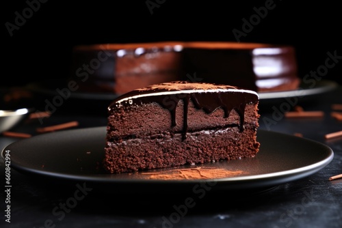 flourless chocolate cake with rich ganache on a black plate