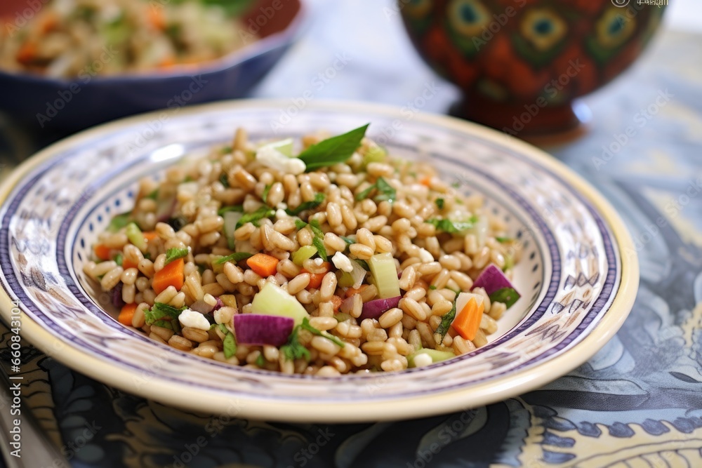 a single serving of farro salad on a patterned plate a single serving of farro salad on a patterned plate