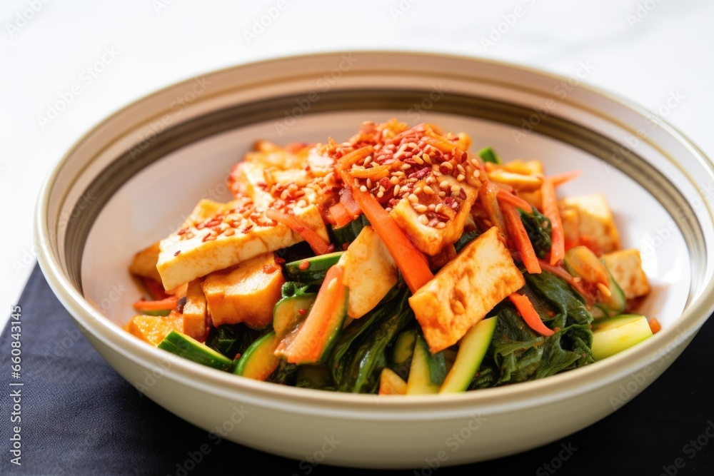 kimchi mixed with sliced tofu in a salad kimchi mixed with sliced tofu in a salad