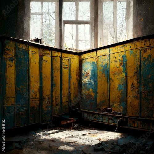 soviet abandoned building room retro propaganda posters on the walls abandoned furniture ultrarealistic photorealistic 8k render 