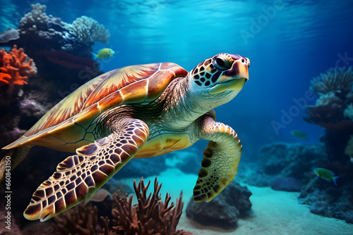 Turtle underwater, hidden in Sand and coral