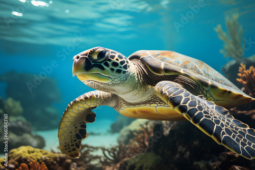 Turtle underwater, hidden in Sand and coral