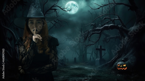 Halloween witch showing silence sign with finger over lips, jack o’ lanterns pumpkins and grave marker over dark foggy forest path way at night