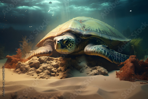 Turtle underwater  hidden in Sand and coral