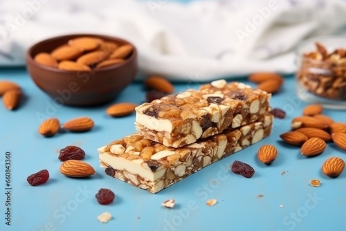 protein bar with nuts and dried fruit chunks on blue tablecloth