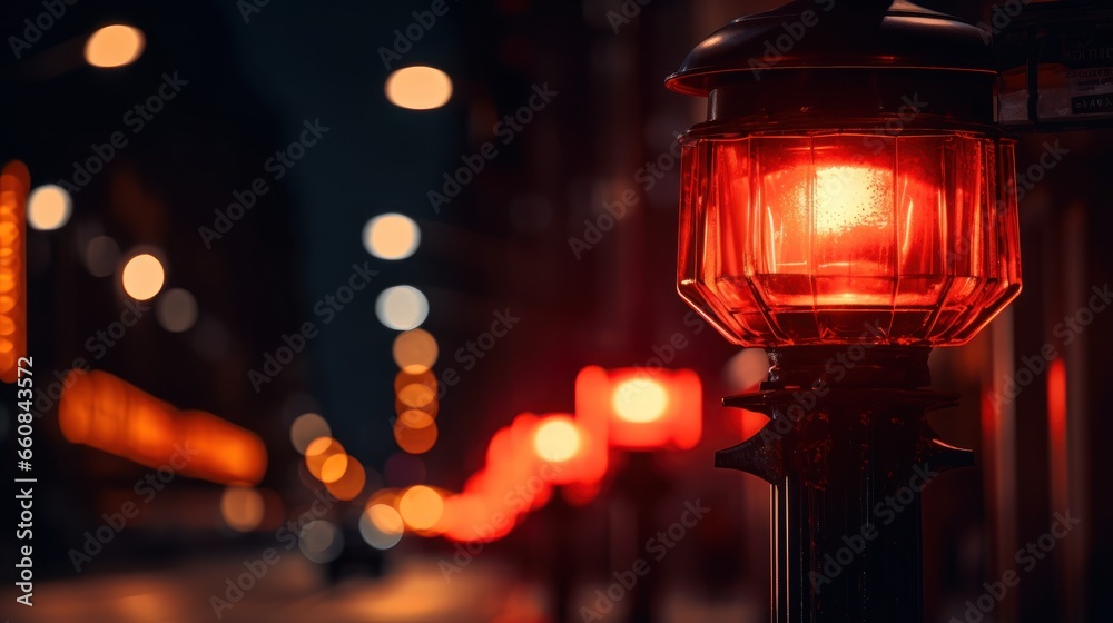 A street warning lamp during the night, functioning as a red alert or warning indicator.