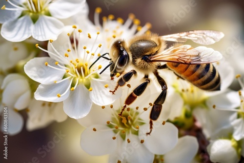 Honeybee pollinating white flower. Generative AI