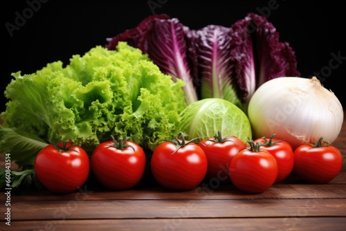 an array of fresh tomatoes, lettuce, and onions aligned