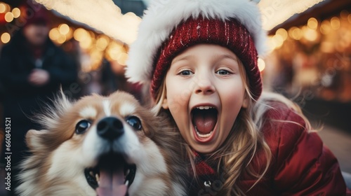 portrait of a child with a dog. Christmas theme.