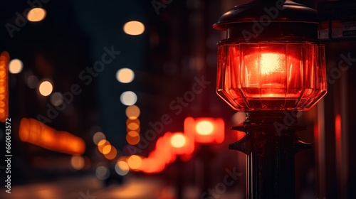 A street warning lamp during the night, functioning as a red alert or warning indicator.