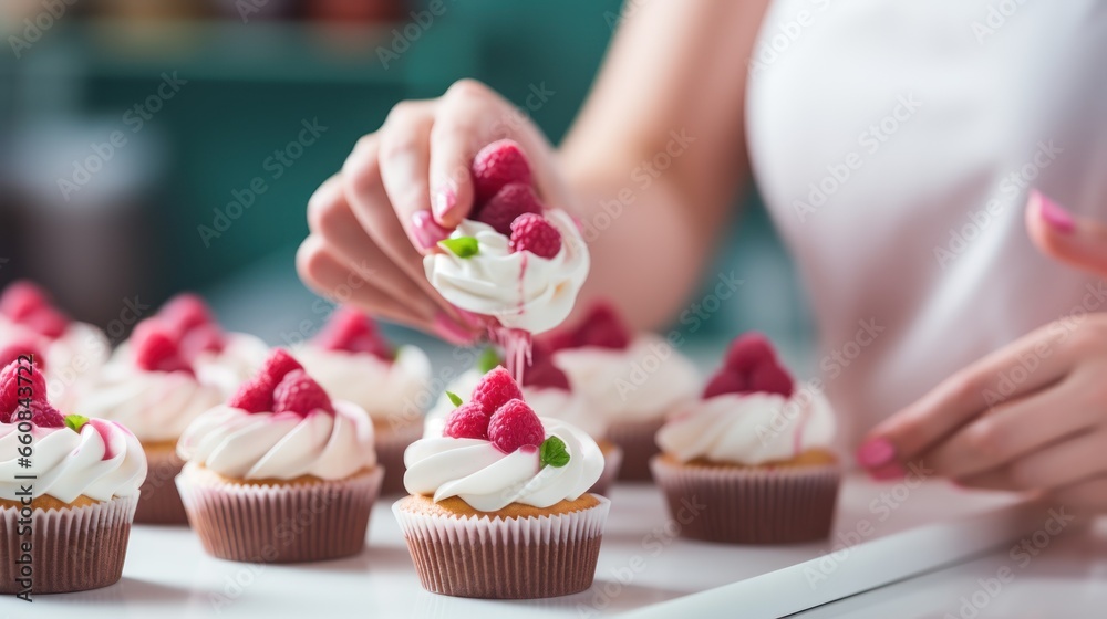 Skilled hands of a female confectioner are at work, decorating cupcakes with raspberries.