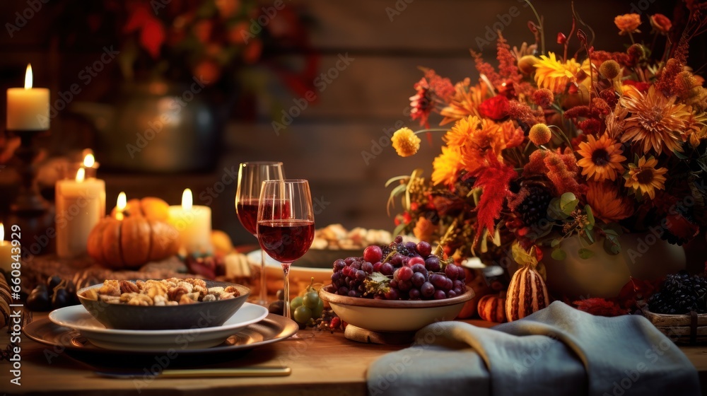 A Thanksgiving table adorned with autumn leaves and candles, creating a festive setting.