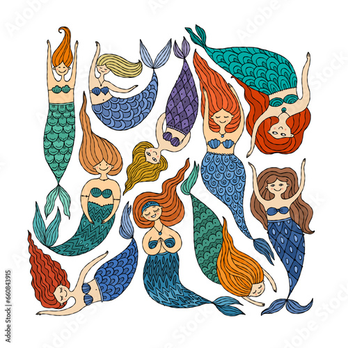 Cute mermaid friends, concept kids print, hand drawn art. Square Art for prin...