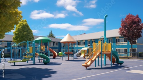 A school playground equipped with swings, slides, and a basketball court. photo