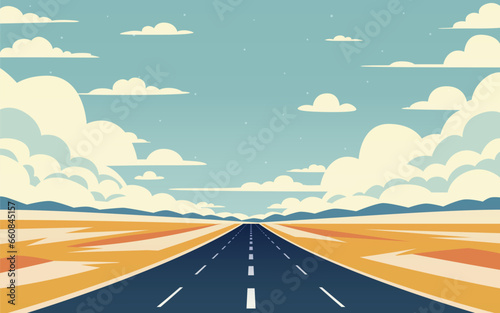 Road to infinity, vacation trip, banner horizon road sky. Vector illustration