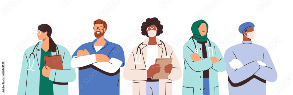 Doctors team, medical group portrait. Hospital workers, diverse multi-ethnic practitioners, personnel, healthcare staff, men and women. Flat graphic vector illustration isolated on white background Doctors team, medical group portrait. Hospital workers, diverse multi-ethnic practitioners, personnel, healthcare staff, men and women. Flat graphic vector illustration isolated on white background
