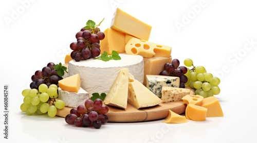 A variety of cheese and grapes on a cutting board