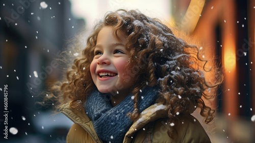 cute little girl is laughing in the stree - snowy winter background (generative AI)