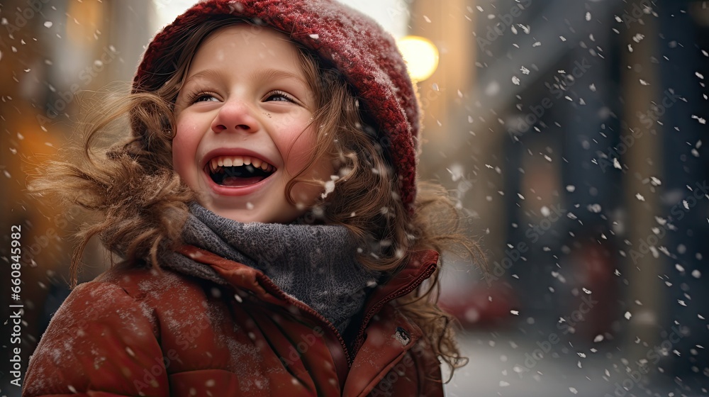cute little girl is laughing in the stree - snowy winter background (generative AI) cute little girl is laughing in the stree - snowy winter background (generative AI)