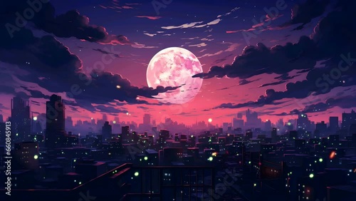 Best beautiful city night landscape with fireflies, big moon, and shooting stars. 4k loop anime cartoon animation style photo
