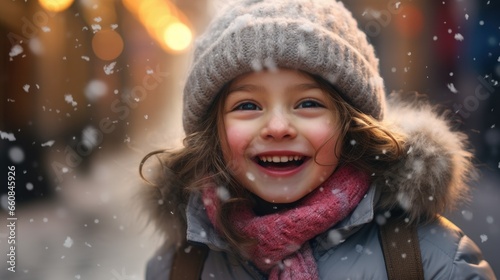 cute little girl is laughing in the stree - snowy winter background (generative AI)