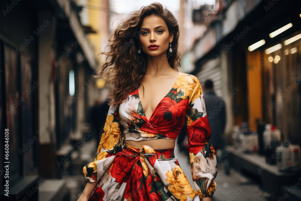 Beautiful fashion model walking on the street