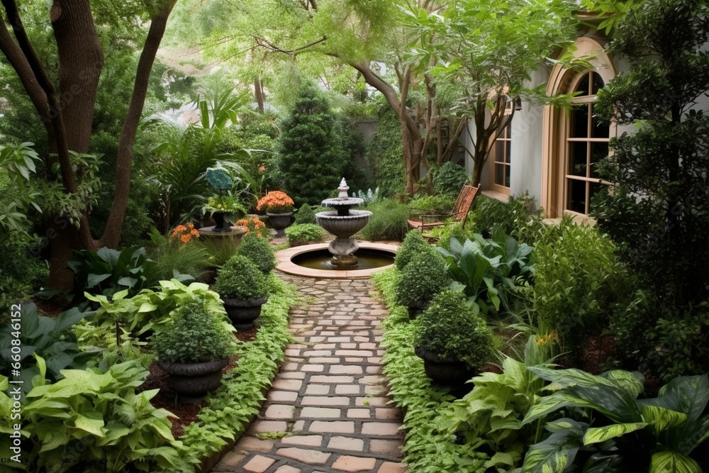 A garden pathway guiding towards a backyard fountain and outdoor seating area. Generative AI