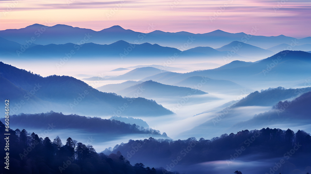 Visualize a serene mountain landscape during the early hours of dawn. The mountains rise majestically against a soft pastel sky, with their peaks touching the first rays of sunlight.