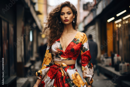 Beautiful fashion model walking on the street