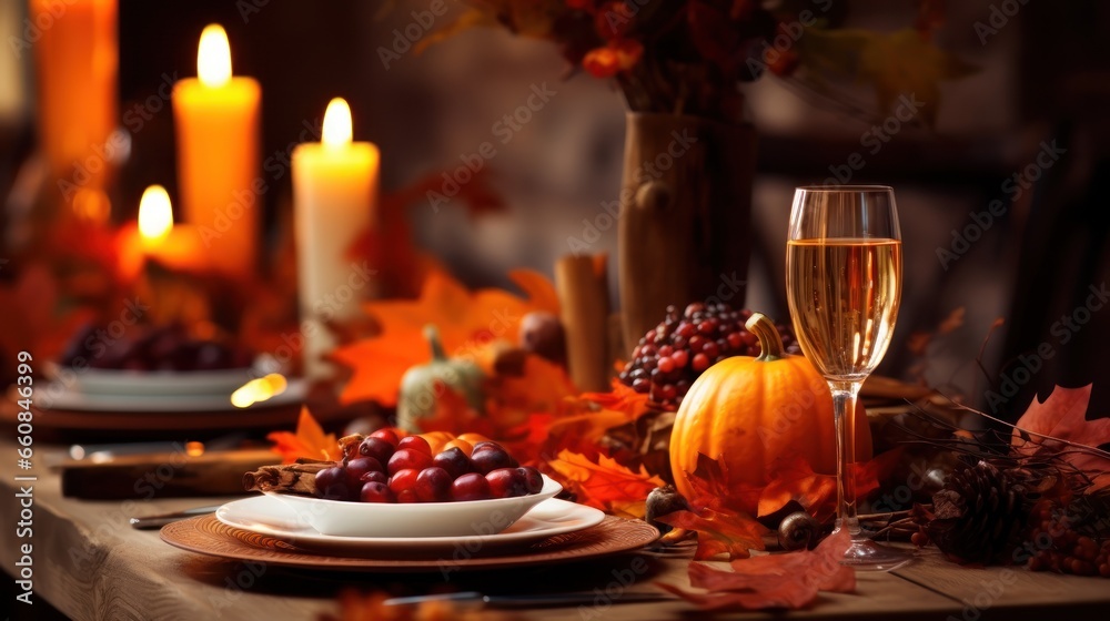 A festive Thanksgiving table setting featuring autumn leaves and candles.