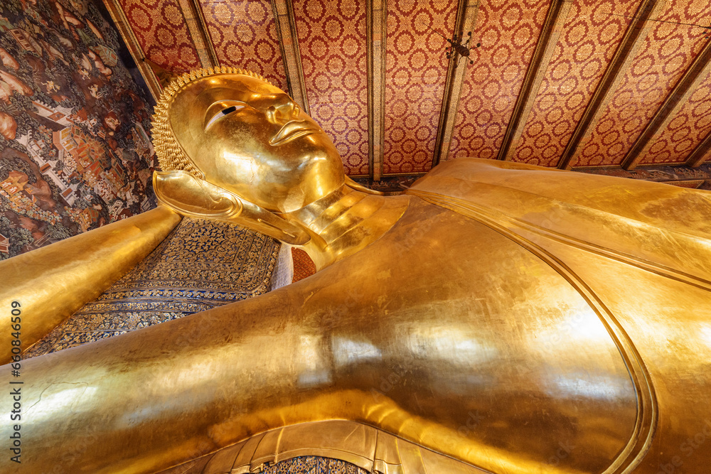 Awesome view of Reclining Buddha in Wat Pho, Bangkok, Thailand