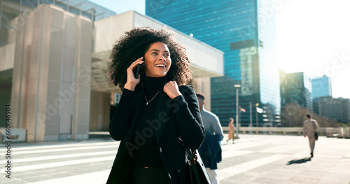 Walking, city or happy businesswoman on a phone call talking, networking or speaking in travel. Mobile communication, chat or biracial female entrepreneur in conversation, discussion or negotiation