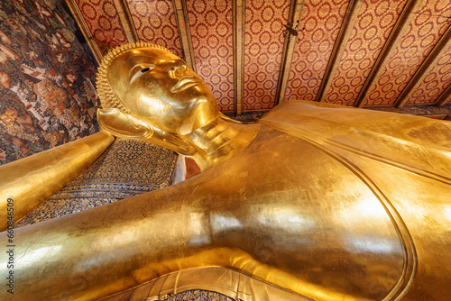 Awesome view of Reclining Buddha in Wat Pho, Bangkok, Thailand