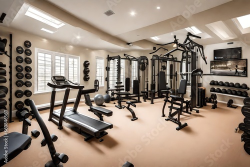 A home gym with state-of-the-art fitness equipment and motivational posters on the walls.
