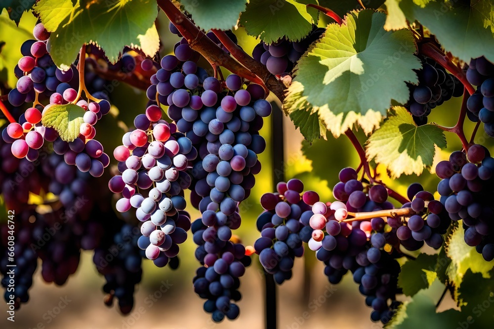 A cluster of shiny, purple grapes hanging from a vine in a vineyard.