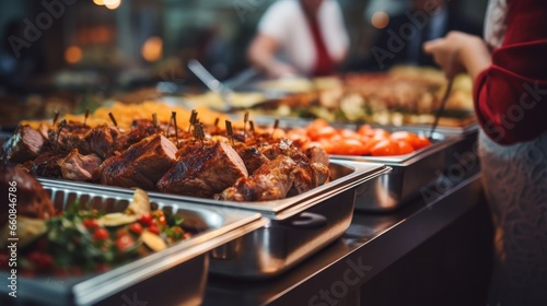 A group of people enjoying a buffet with a variety of food indoors at a restaurant, including meats, colorful fruits, and vegetables. © maniacvector