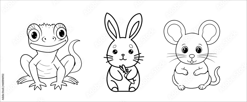 Cute funny lizard, rabbit and mouse for coloring. Vector template for a coloring book with funny animals. Colouring page for kids.	