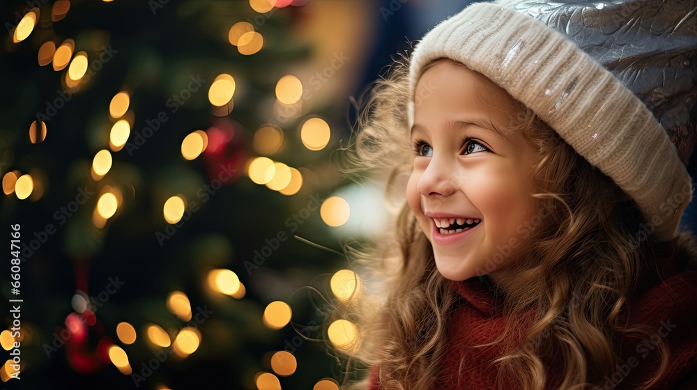 little girl laughs against the background of a christmas tree (generative AI) little girl laughs against the background of a christmas tree (generative AI)