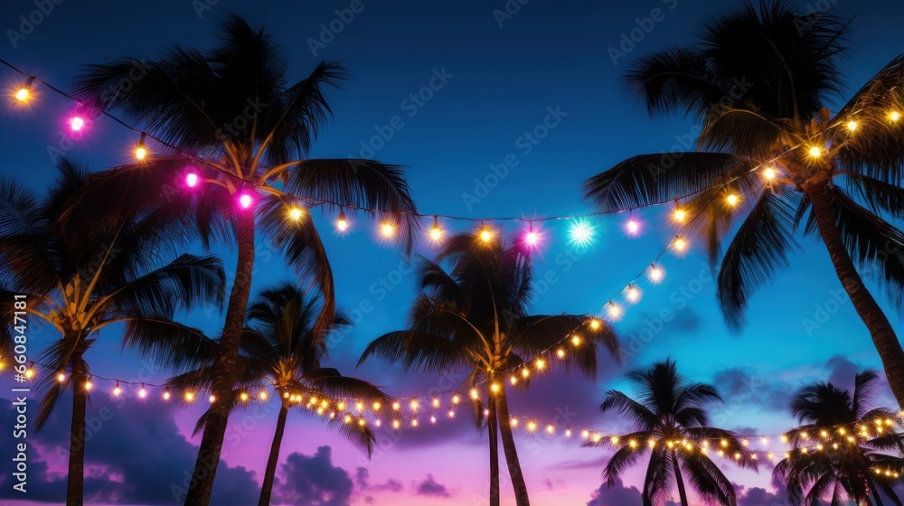 Palm trees adorned with Christmas garlands and fairy lights at night.