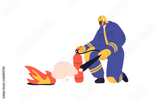 Firefighter extinguishing fire, spraying foam with extinguisher. Fireman with firefighting tool in hands. Emergency worker fighting flame. Flat graphic vector illustration isolated on white background