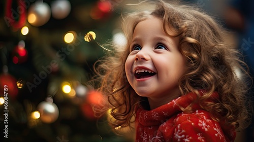 little girl laughs against the background of a christmas tree (generative AI)