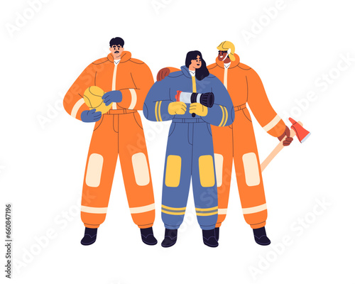Firefighters team portrait. Men and woman fire fighters standing with firefighting tools. Happy people in uniform, 911 emergency workers. Flat graphic vector illustration isolated on white background