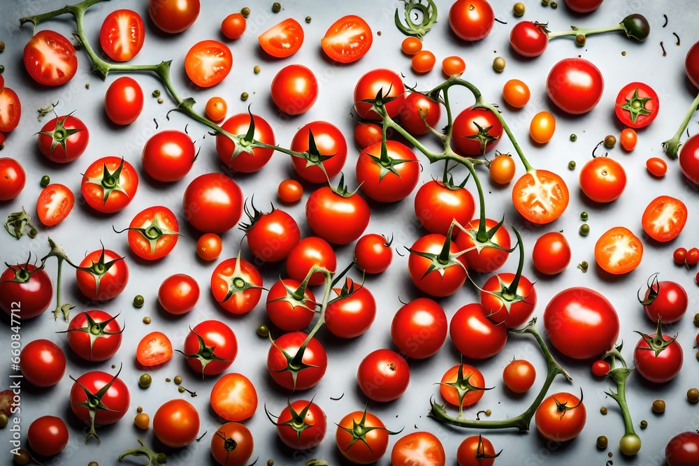 A cluster of ripe, red cherry tomatoes arranged in a perfect circle. A cluster of ripe, red cherry tomatoes arranged in a perfect circle.