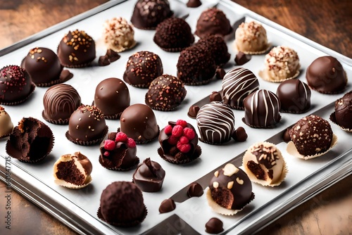 A tray of assorted handcrafted truffles with flavors like dark chocolate, hazelnut, and raspberry