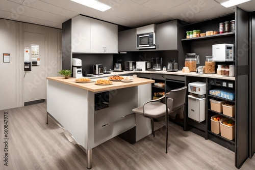 An office kitchenette with a coffee machine, microwave, and a selection of snacks.