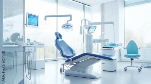 A dentist's chair and equipment are featured in a brightly lit treatment room.