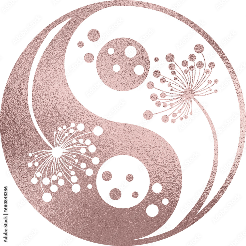 yin yang mit Pusteblume in rosegold mit transparentem Hintergrund 