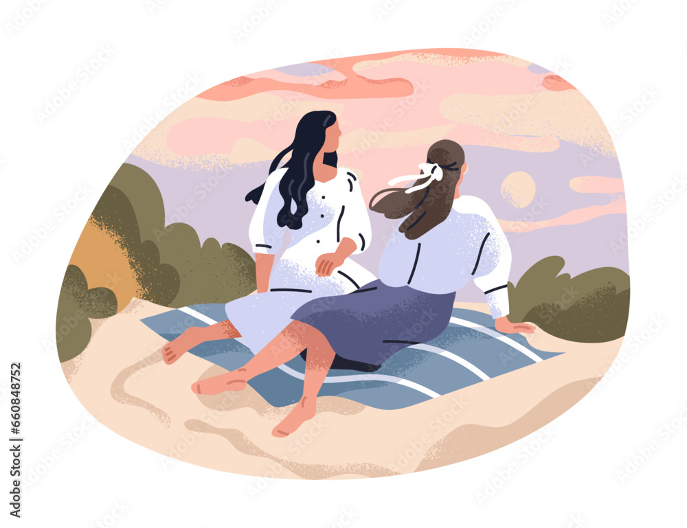 Girls couple looking at sky with sunset and clouds. Women friends relaxing outdoors in nature, watching, enjoying evening landscape view. Inspiration concept. Flat graphic vector illustration